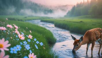 Deer Drinking in a River with Flowers and Misty Forest photo