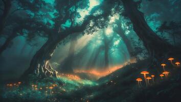 Mystical Forest with Glowing Mushrooms and Sun Rays photo