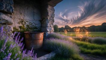 Lavender Field with Stone Structure and Dramatic Sky at Sunset photo