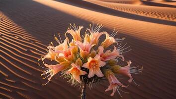 Flowers Blooming in Desert Landscape with Warm Light and Sand Texture photo