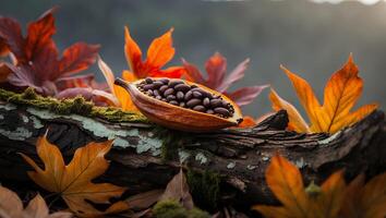 Cocoa Beans in Pod on Log Surrounded by Autumn Leaves photo