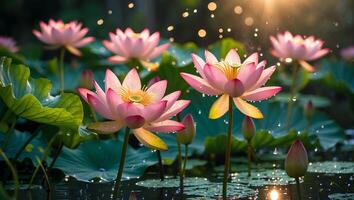 Pink Lotus Flowers Bloom Gracefully in a Pond with Water Droplets photo
