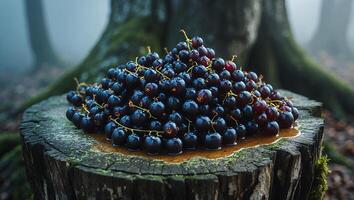 Pile of Fresh Black Currants on a Tree Stump in Forest photo