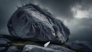 Lone White Feather Resting on Rocks with Overcast Sky Background photo