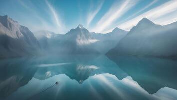 Boating on Calm Lake Reflecting Misty Mountains and Dramatic Sky photo