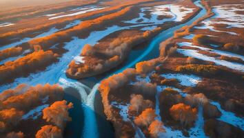 River Meandering Through Snowy Landscape with Golden Trees From Above photo