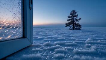 Open Window Views Winter Landscape with Tree and Snow Crystals photo