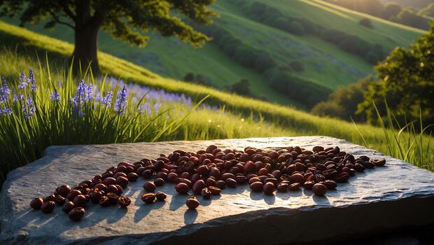 Arrangement of Dark Coffee Beans on Stone Slab with Nature Background photo