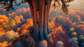 Giant Tree Dominates Forest with Autumn Colors and Muted Light photo