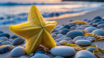 Starfish Resting on Pebble Beach with Ocean and Sunset Background photo