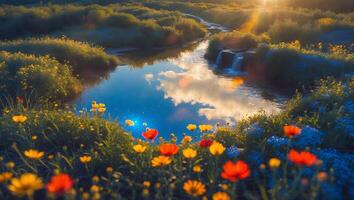Tranquil River Flowing Through Flower Meadow with Sky Reflection photo