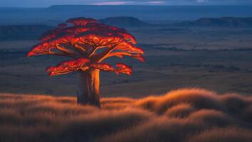 Glowing Tree Stands Tall in Golden Grassy Field at Dusk photo