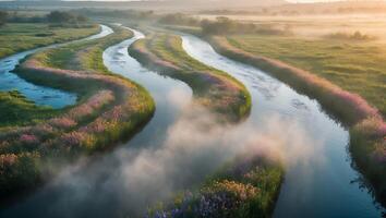 Winding River with Wildflowers in a Misty Meadow Landscape photo
