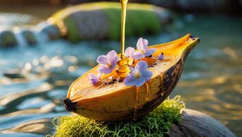 Pouring Honey on Papaya with Flowers by a Gentle Stream photo
