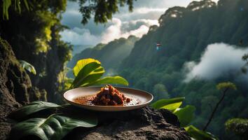 Savory Dish on Plate Amidst Lush Mountain Scenery Outdoors photo