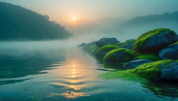 Calm Lake at Sunrise with Rocks Covered in Moss and Mist photo