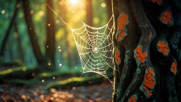 Spiderweb on Tree Trunk in Forest with Sunlight and Bokeh photo