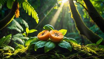 Halved Persimmon Fruit Resting on Leaves with Forest Sunlight photo