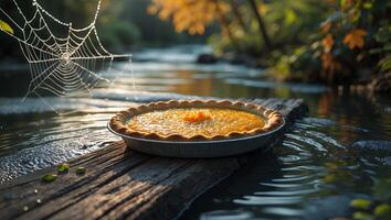 Pumpkin Pie on Wood Plank Over Stream with Cobweb Backdrop photo