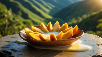 Peach Slices in Bowl with Creamy Sauce Mountain View Backdrop photo