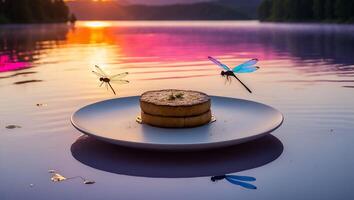 Pancake Stack on Plate Floating on Water with Dragonflies at Sunset photo