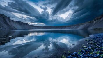 Calm Lake Water Reflecting Dramatic Sky with Surrounding Landscape Shores photo