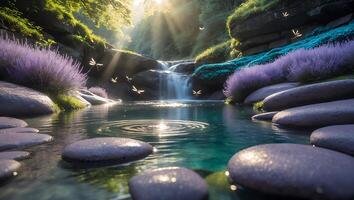 Waterfall and Lily Pond Landscape with Lavender and Dragonflies photo