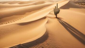 Cactus Standing in Sand Dunes with Long Shadows in Desert Landscape photo