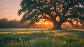 Majestic Tree in Field at Sunset Landscape photo