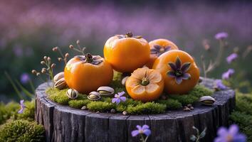 Arrangement of Orange Fruits and Pistachios on a Tree Stump photo