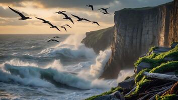 Dramatic Ocean Waves Crashing Against Cliffs with Birds Flying at Sunset photo