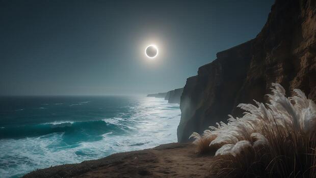 Coastal Cliffs Ocean View with Tall Grass During Solar Eclipse Event photo