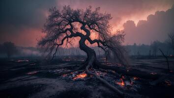 Lonely Tree Surviving Wildfire with Glowing Embers and Dramatic Sky photo