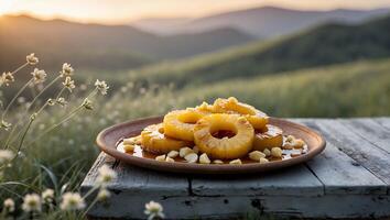 Serving Grilled Pineapple with Macadamia Nuts at Sunset Over Hills photo
