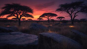 African Savannah Landscape with Trees and Rocks During Beautiful Sunset photo