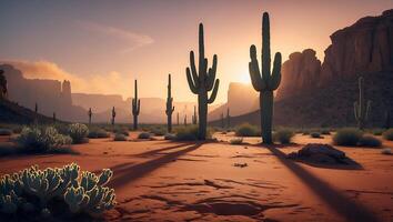 Arizona Desert Landscape with Cactus and Mountains at Sunset photo