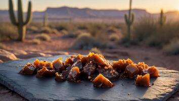 Delicious Caramel Pieces on Slate with Desert Landscape Backdrop photo