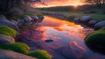 Calm Stream Reflecting Sunset Sky with Mossy Rocks and Grass photo
