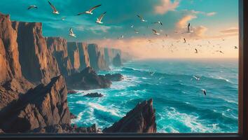 Ocean Cliff View with Flying Birds and Breaking Waves Scenery photo