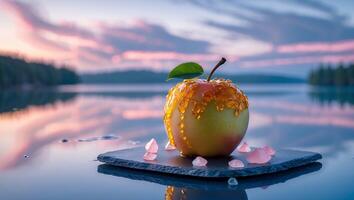 Glistening Apple Displayed on Lake Platform at Sunset Backdrop photo