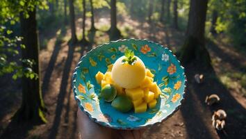 Mango Dessert Plate Held in Forest Setting with Natural Light photo