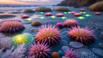 Sea Anemones and Tide Pools at Beach During Coastal Sunset photo