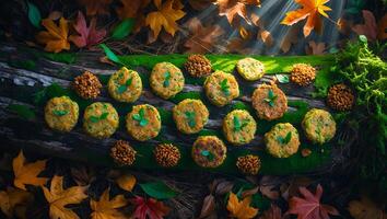 Arrangement of Savory Cakes and Cones on Mossy Log with Autumn Leaves photo