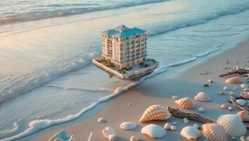 Building on Beach Next to Ocean with Seashells and Gentle Waves photo