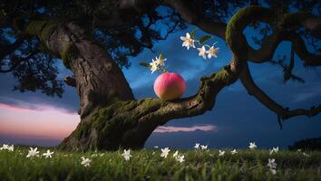 Fruit on Tree Branch with White Flowers and Twilight Sky photo