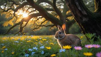 Rabbit Sitting in Meadow at Sunrise with Wildflowers and Old Tree photo