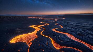 River of Lava Flowing at Night Under Starry Sky photo