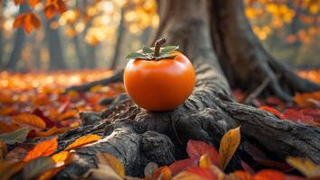 Persimmon Fruit on Tree Roots Amidst Autumn Leaves in Forest photo