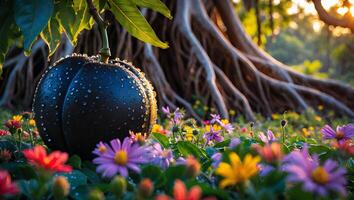 Black Melon Resting Among Wildflowers at Sunset Near a Giant Tree photo