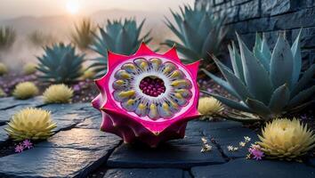 Halved Dragon Fruit on Stone Tiles with Desert Plants Background photo